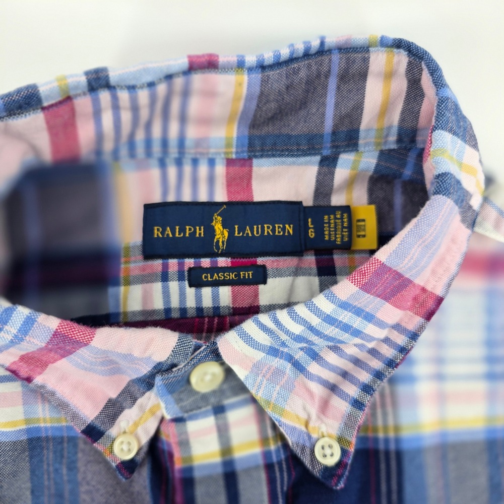 Ralph Lauren Plaid Shirt Mens LRGE Classic Heritage Cotton Button Down Blue Pink - Picture 2 of 10